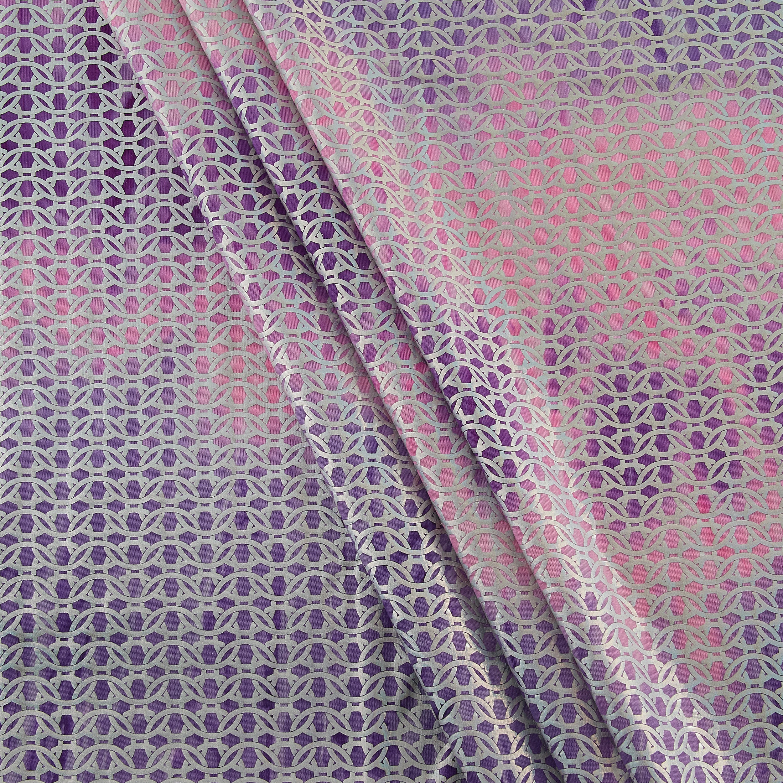 4-Way Stretch Fabric, Chainlink Silver Foiled, Pink & Purple