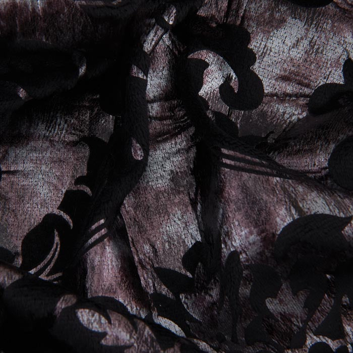 Floral Velour Fabric, Metallic Silver & Black