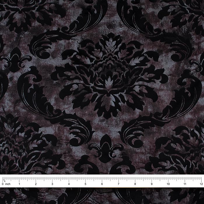 Floral Velour Fabric, Metallic Silver & Black