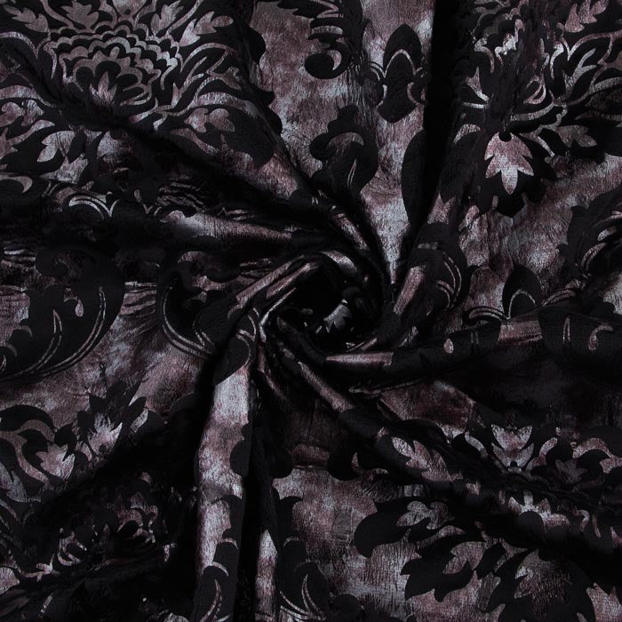 Floral Velour Fabric, Metallic Silver & Black